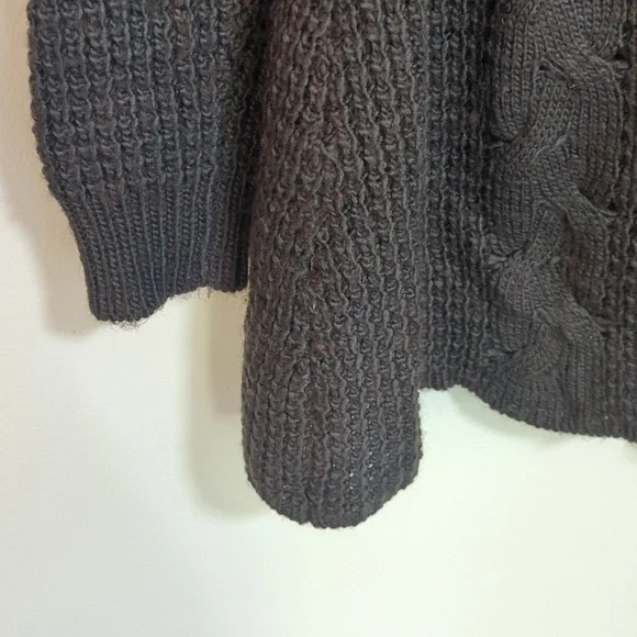 Sioni Gray Wool Blend Rabbit Fur Trim Thick Cable Knit Chunky Cardigan Sweater L - Picture 6 of 10